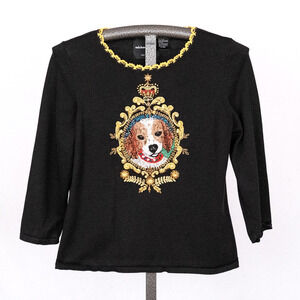 Vintage Michael Simon Beaded Embroidered Silk Sweater SZ LARGE Beagle Hound Dog